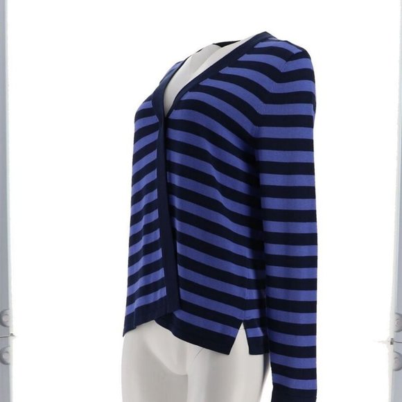 NWT ISAAC MIZRAHI SINGLE BUTTON STRIPED CARDIGAN SWEATER DARK NAVY LARGE - Picture 4 of 13